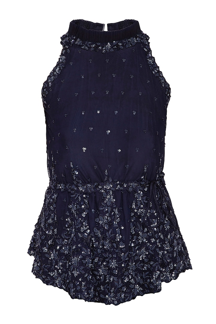Navy Blue Embroidered Halter Neck Blouse by Neha Chopra Tandon