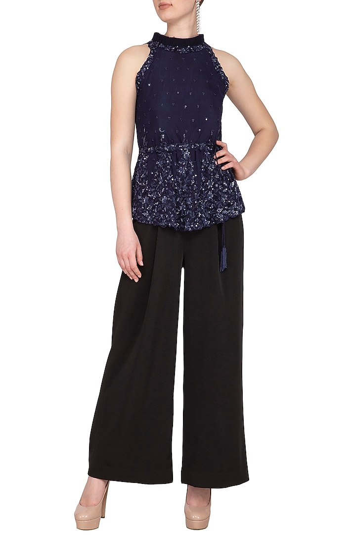 Navy Blue Embroidered Halter Neck Blouse by Neha Chopra Tandon at Pernia's Pop Up Shop