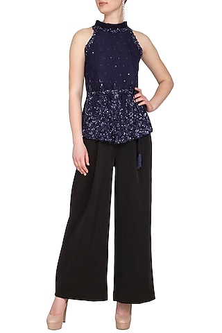 Navy Blue Embroidered Halter Neck Blouse by Neha Chopra Tandon