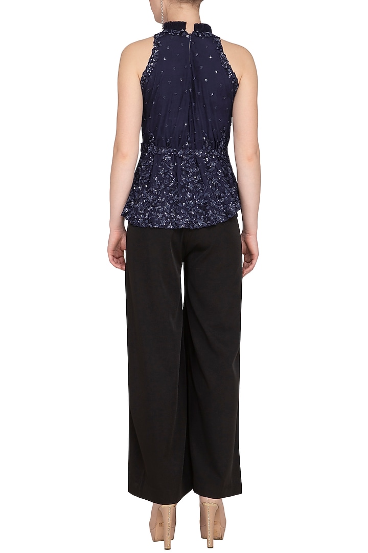 Navy Blue Embroidered Halter Neck Blouse by Neha Chopra Tandon at Pernia's Pop Up Shop