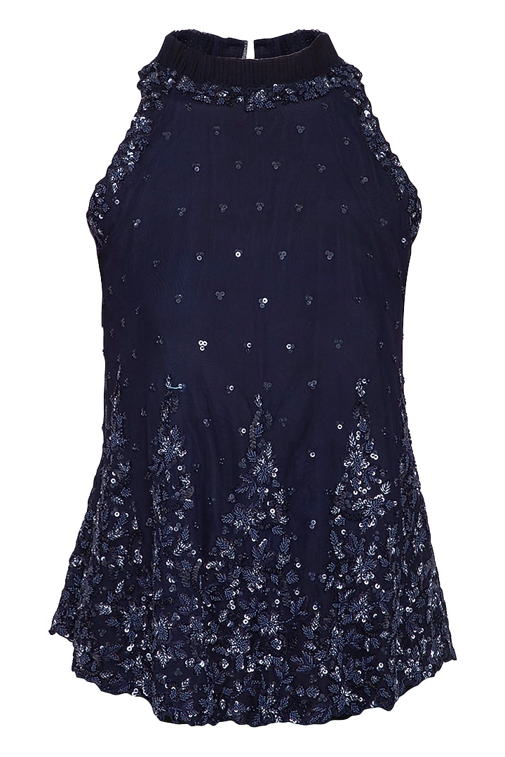 Navy Blue Embroidered Halter Neck Blouse by Neha Chopra Tandon at Pernia's Pop Up Shop