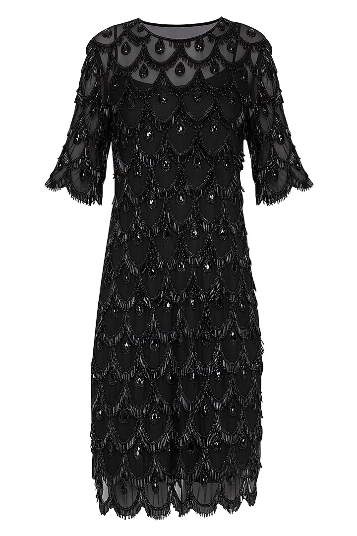 Black Embroidered Knee Length Dress by Neha Chopra Tandon