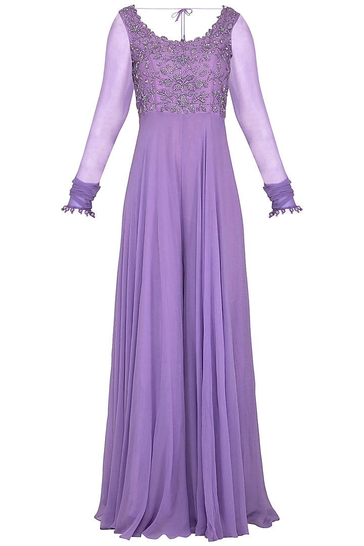 Lilac Embroidered Anarkali Jumpsuit With Dupatta by Neha Chopra Tandon