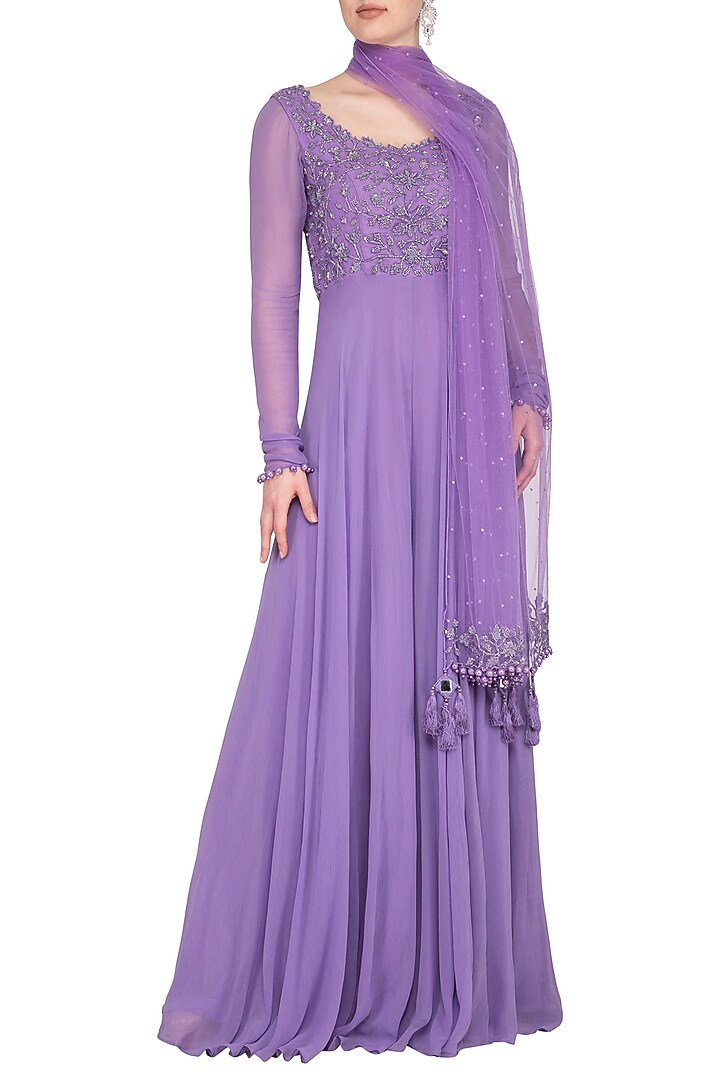 Lilac Embroidered Party Wear Anarkali Jumpsuit With Dupatta by Neha Chopra Tandon at Pernia's Pop Up Shop