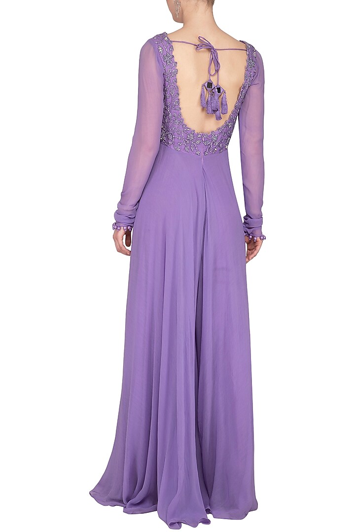 Lilac Embroidered Party Wear Anarkali Jumpsuit With Dupatta by Neha Chopra Tandon at Pernia's Pop Up Shop
