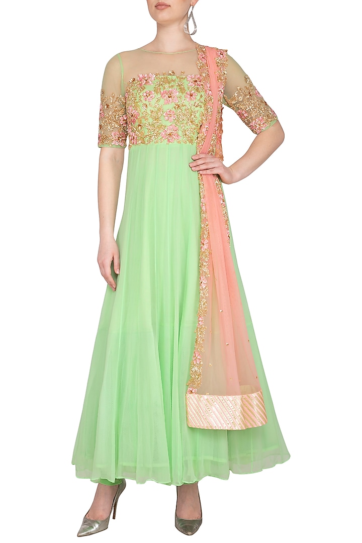 Mint Green & Peach Embroidered Wedding Anarkali Set by Neha Chopra Tandon at Pernia's Pop Up Shop
