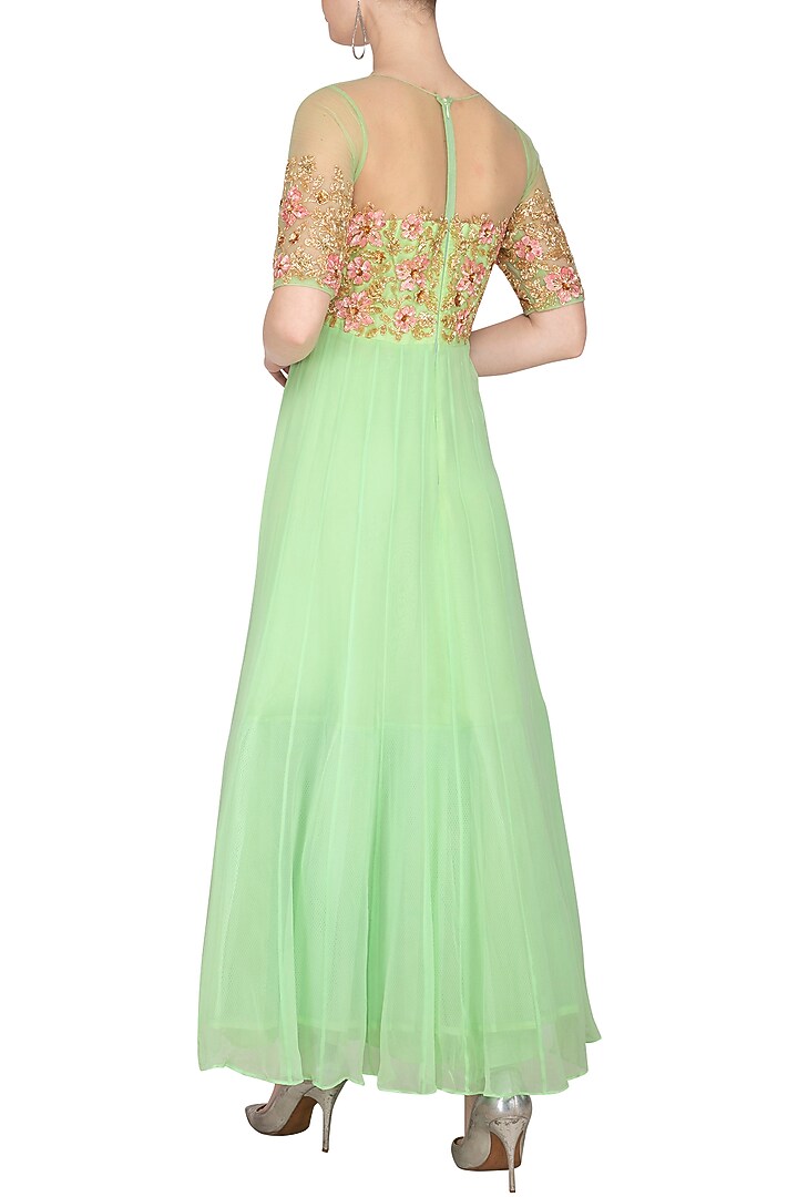 Mint Green & Peach Embroidered Wedding Anarkali Set by Neha Chopra Tandon at Pernia's Pop Up Shop
