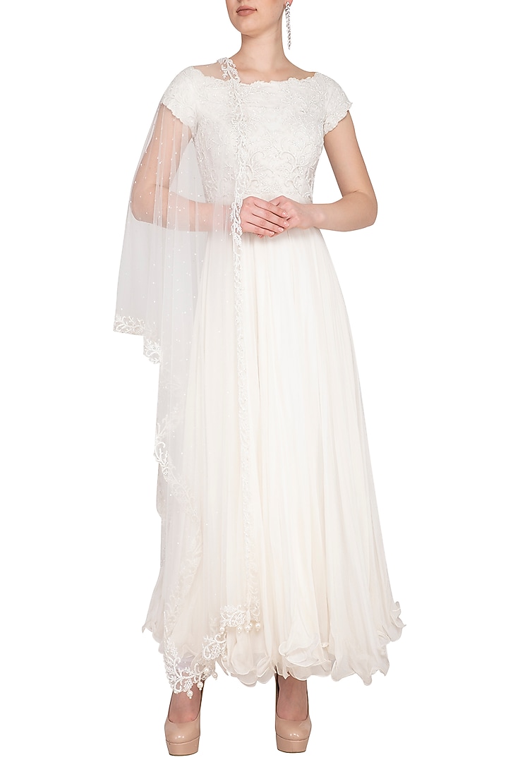White Embroidered Peeko Wedding Anarkali Set by Neha Chopra Tandon at Pernia's Pop Up Shop