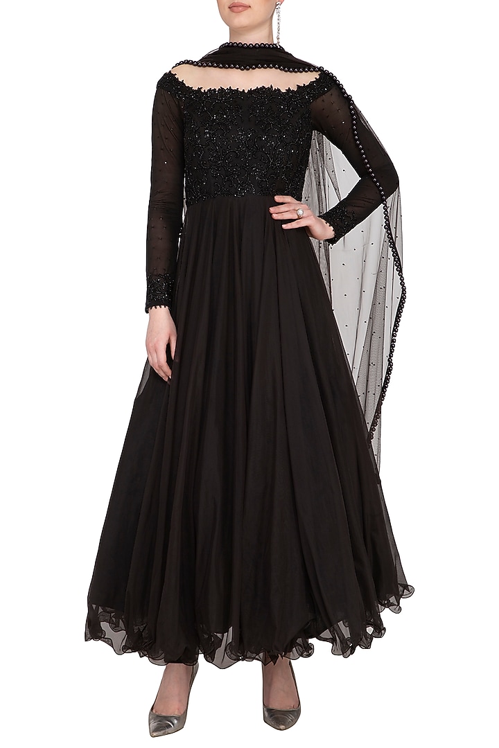 Black Embroidered Party Wear Anarkali Set by Neha Chopra Tandon at Pernia's Pop Up Shop