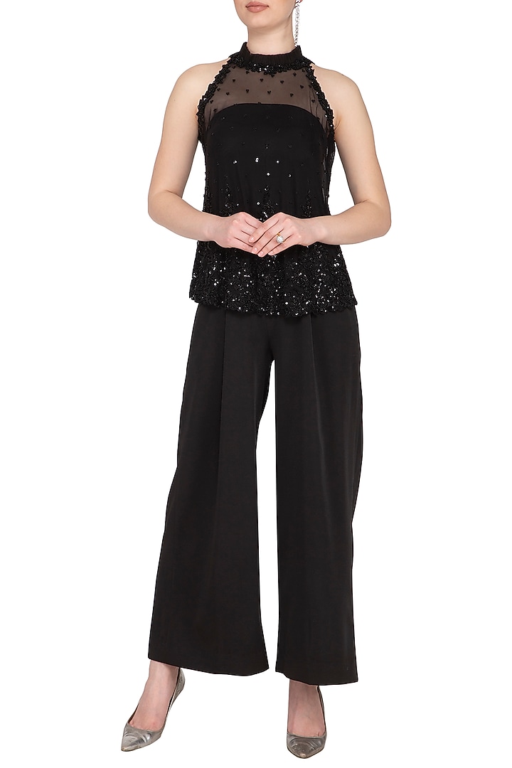 Black Embroidered Halter Blouse With Jumpsuit by Neha Chopra Tandon at Pernia's Pop Up Shop