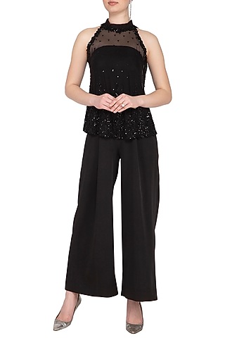 Black Embroidered Halter Blouse With Jumpsuit by Neha Chopra Tandon