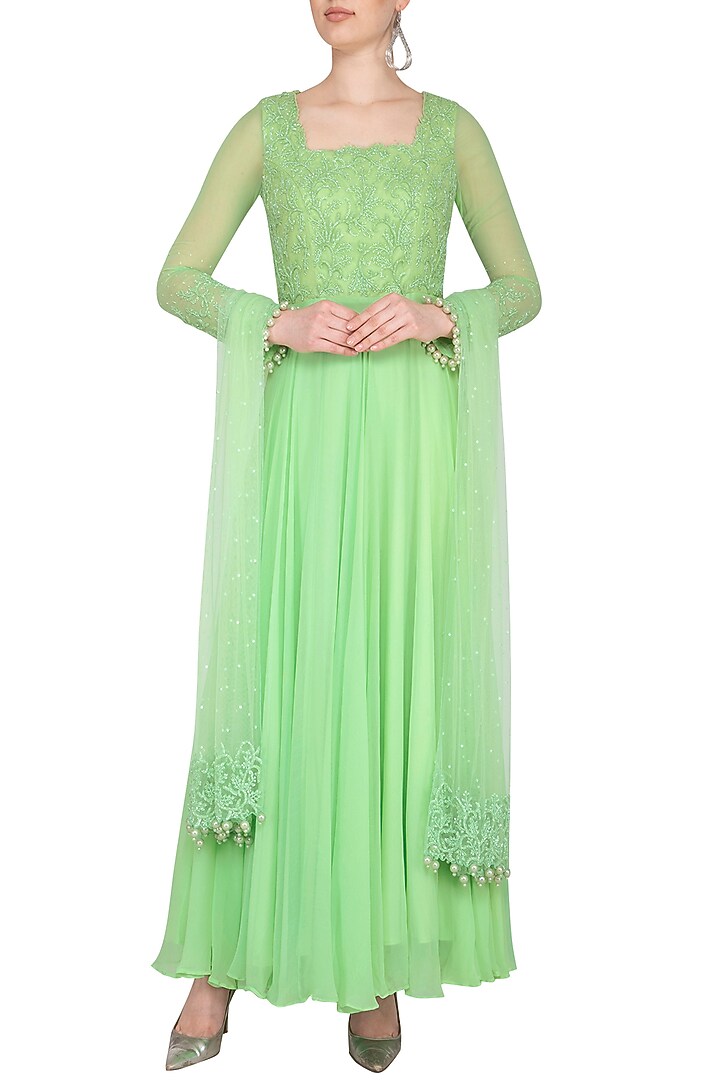 Mint Green Embroidered Party Wear Anarkali Set by Neha Chopra Tandon at Pernia's Pop Up Shop
