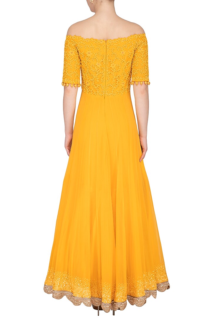 Mango Yellow Embroidered Off shoulder Wedding Anarkali Set by Neha Chopra Tandon at Pernia's Pop Up Shop