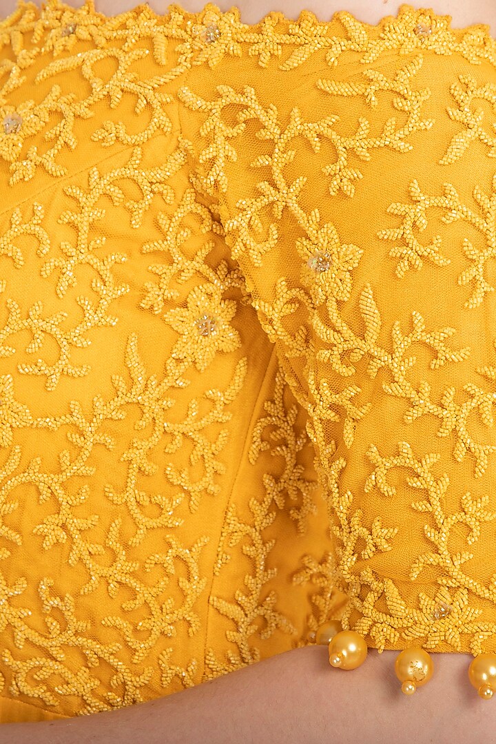 Mango Yellow Embroidered Off shoulder Wedding Anarkali Set by Neha Chopra Tandon at Pernia's Pop Up Shop
