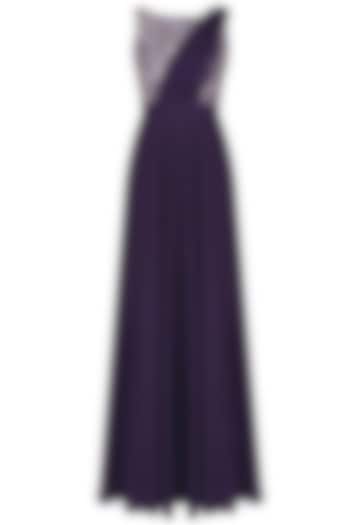 Midnight Purple Pearls And Sequins Embellished Gown With An Attached Drape by Neha Chopra Tandon