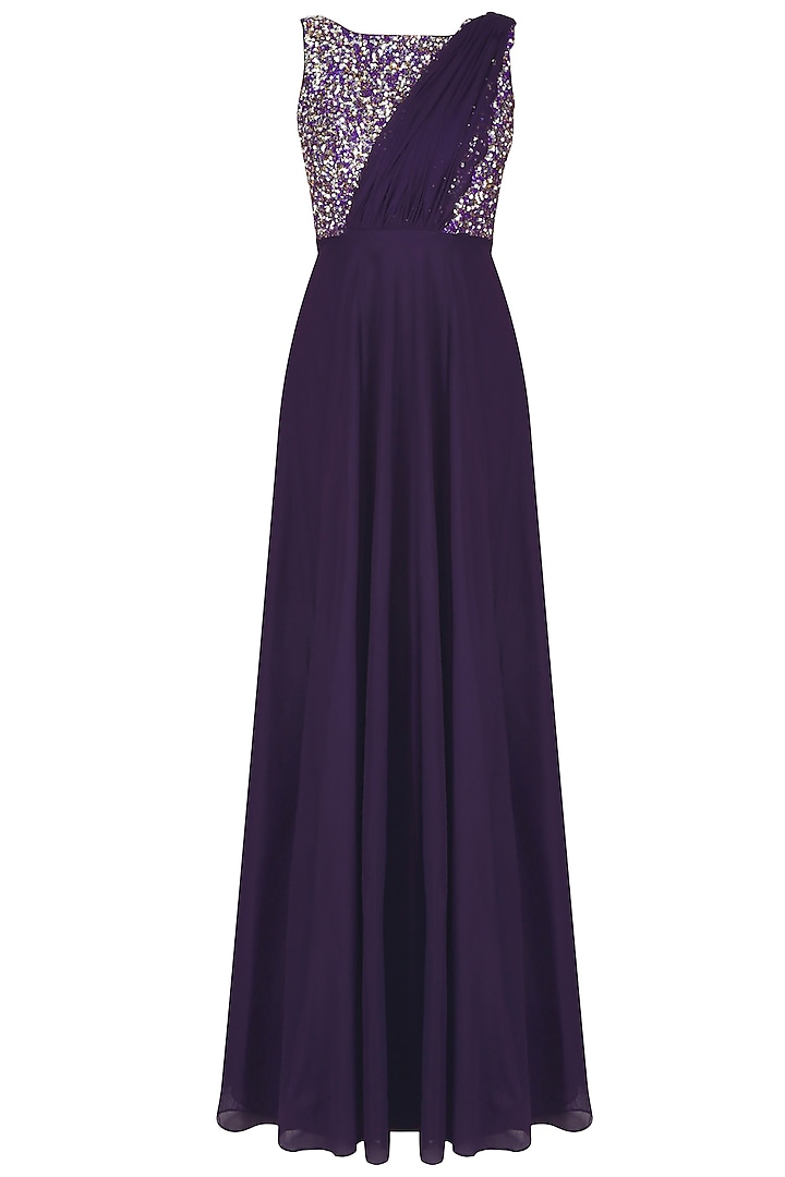 Midnight Purple Pearls And Sequins Embellished Gown With An Attached Drape by Neha Chopra Tandon