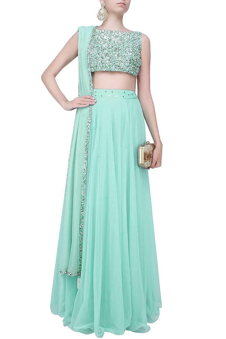 Baby blue pearls and sequins embellished crop top and flared lehenga set available only at Pernia's Pop Up Shop.