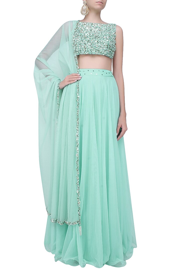 Baby blue pearls and sequins embellished crop top and flared lehenga set available only at Pernia's Pop Up Shop.