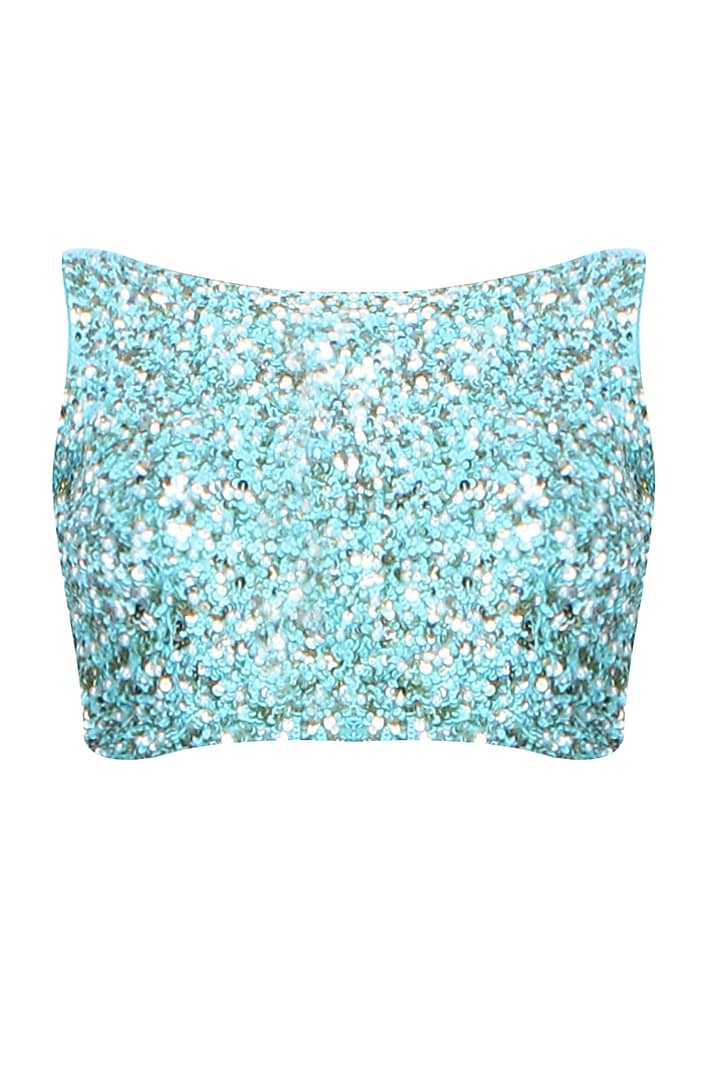 Baby blue pearls and sequins embellished crop top and flared lehenga set available only at Pernia's Pop Up Shop.