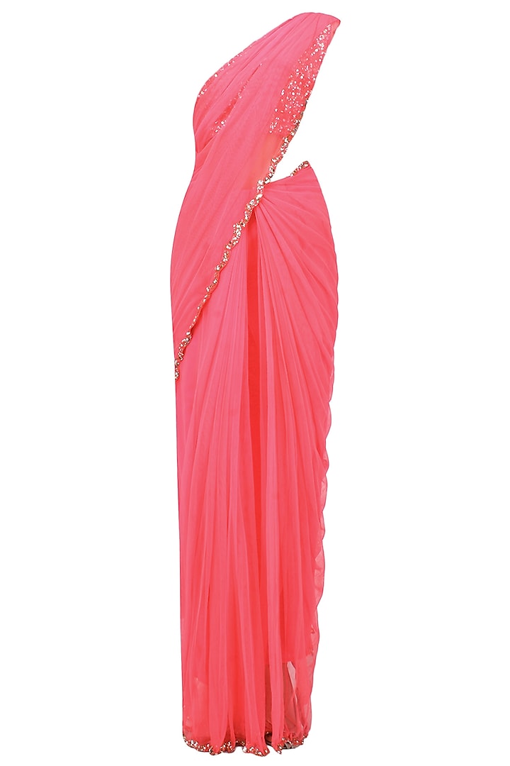 Neon Pink Pearls And Sequins Embellised Saree And Blouse Set by Neha Chopra Tandon