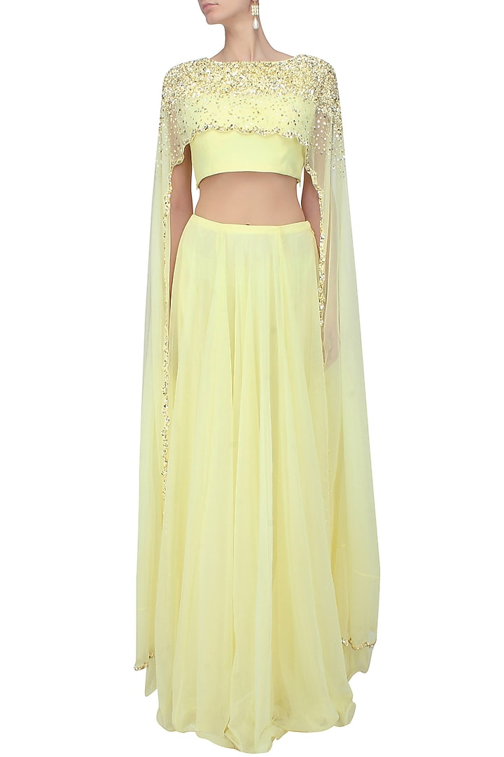 Lemon yellow pearls and sequins embellished cape blouse and lehenga set available only at Pernia's Pop Up Shop.