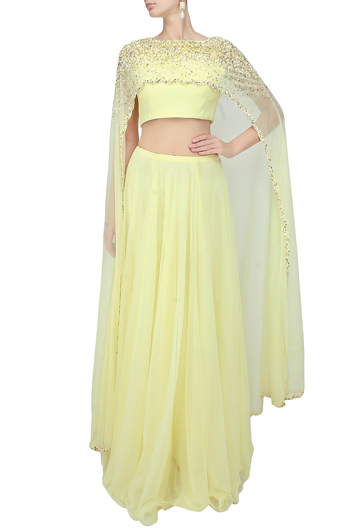 Lemon yellow pearls and sequins embellished cape blouse and lehenga set available only at Pernia's Pop Up Shop.