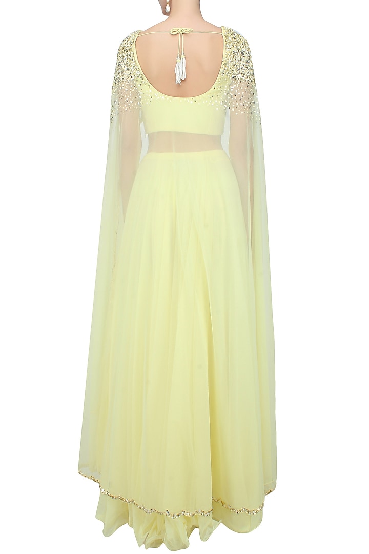 Lemon yellow pearls and sequins embellished cape blouse and lehenga set available only at Pernia's Pop Up Shop.