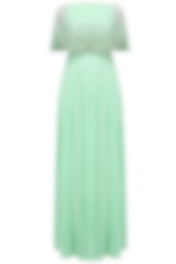 Mint Green Pearls And Sequins Embellished Cape Anarkali by Neha Chopra Tandon