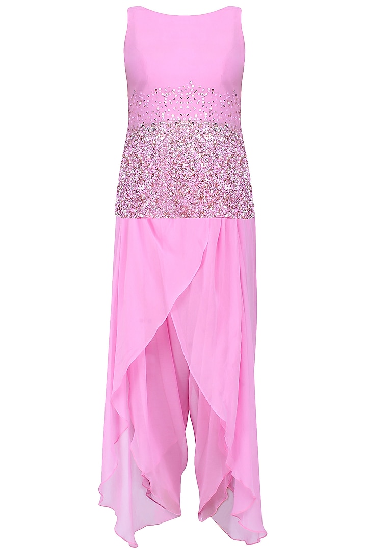 Mauve Pearls And Sequins Embellished Short Tunic And Lungi Dhoti Pants Set by Neha Chopra Tandon