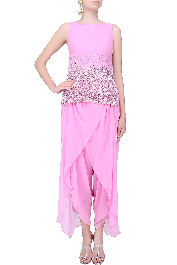 Mauve pearls and sequins embellished short tunic and lungi dhoti pants set available only at Pernia's Pop Up Shop.