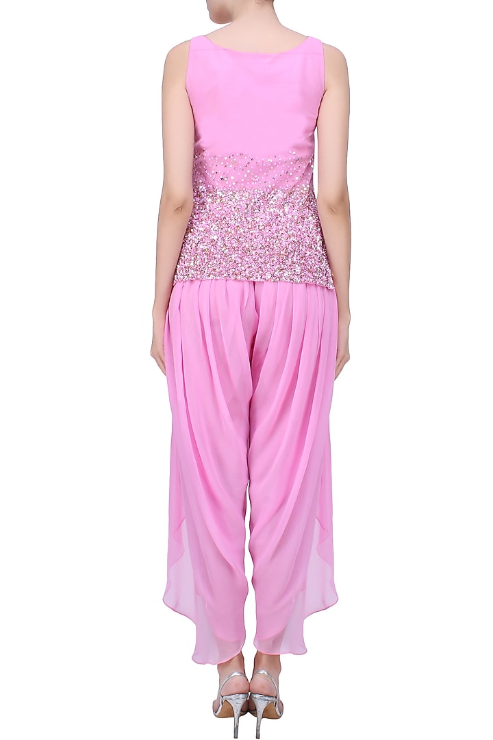 Mauve pearls and sequins embellished short tunic and lungi dhoti pants set available only at Pernia's Pop Up Shop.