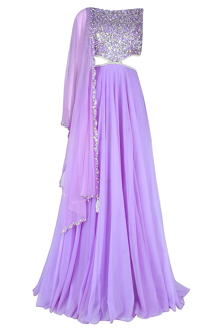 Lilac Pearls And Sequins Embellished Flared Cutout Gown With An Attcahed Drape by Neha Chopra Tandon