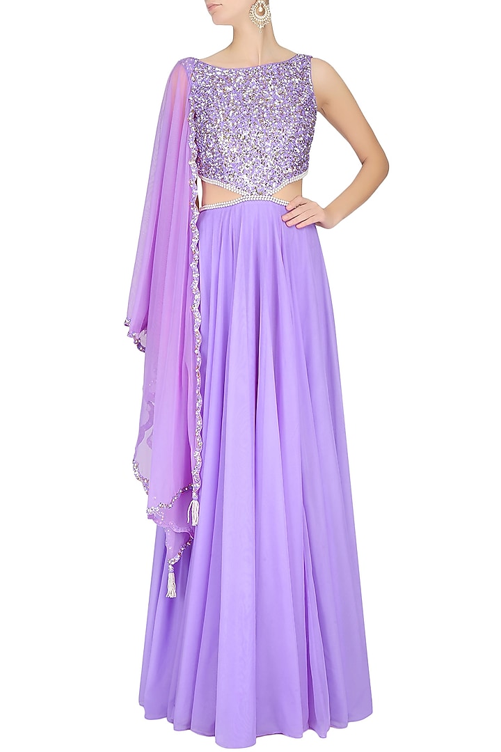 Lilac pearls and sequins embellished flared cutout gown with an attcahed drape available only at Pernia's Pop Up Shop.