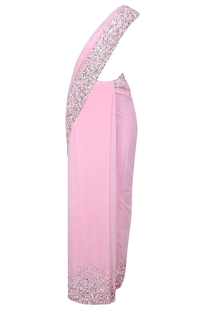 Baby Pink Pearls And Sequins Embellished Saree And Blouse Set by Neha Chopra Tandon