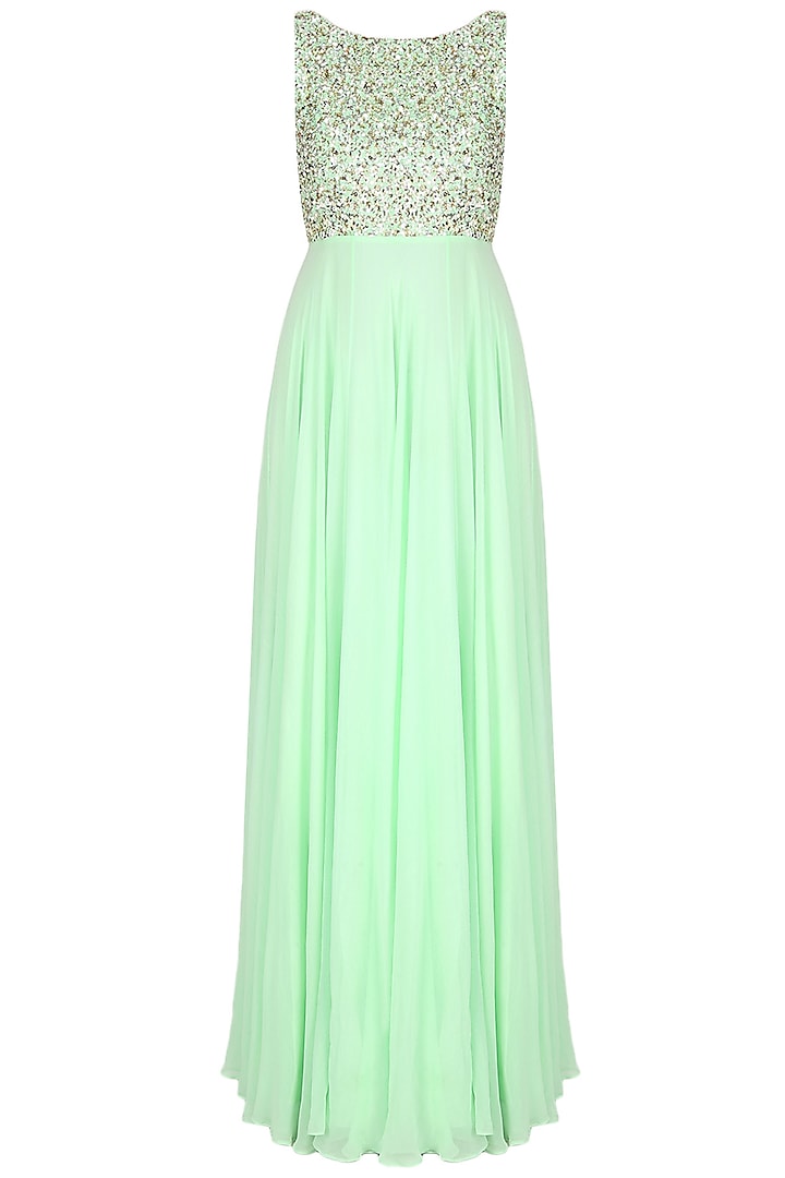Mint Green Pearls And Sequins Embellished Flared Cutout Gown by Neha Chopra Tandon