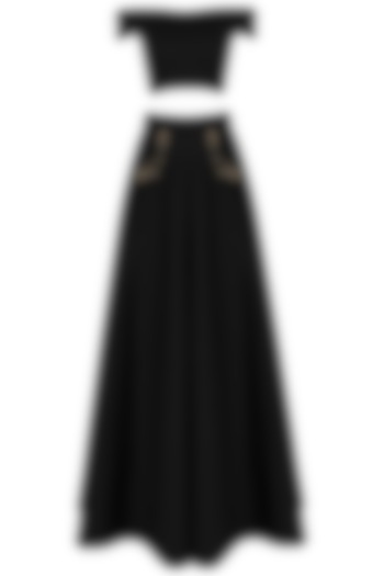 Black Off-Shoulder Crop Top and Skirt by Neha Chopra Tandon