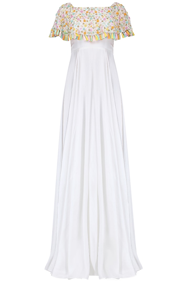 White Off-Shoulder Cape Gown by Neha Chopra Tandon