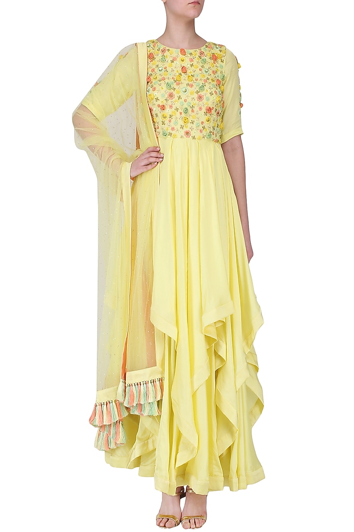 Baby Yellow layered anarkali set available only at Pernia's Pop Up Shop.