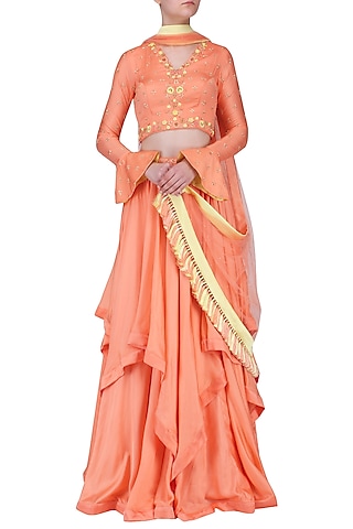 Peach Embroidered Layered Lehenga Set by Neha Chopra Tandon