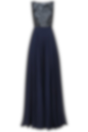 Dark Blue Sequins Embroidered Jumpsuit with Backless Drape by Neha Chopra Tandon