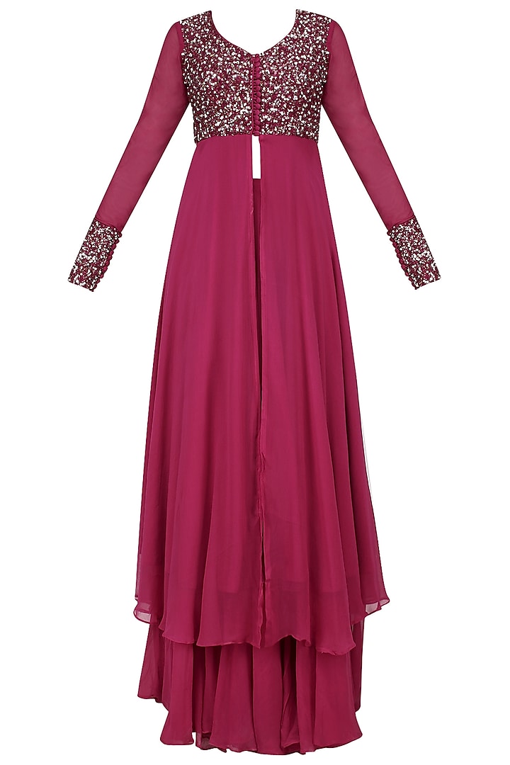 Magenta Pink Sequins Embroidered Jacket and Lehenga Set by Neha Chopra Tandon