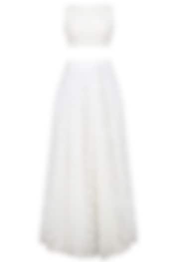 White Rouched Blouse and Lace Panelled Lehenga Skirt Set by Neha Chopra Tandon