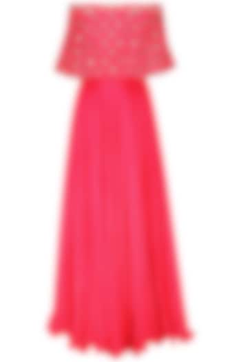 Neon Pink Off Shoulder Embroided Cape and Skirt Set by Neha Chopra Tandon