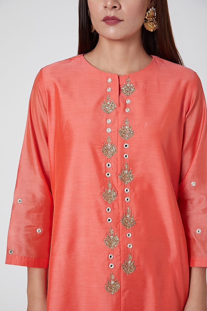 Orange & Beige Embroidered Kurta Set by POULI at Pernia's Pop Up Shop