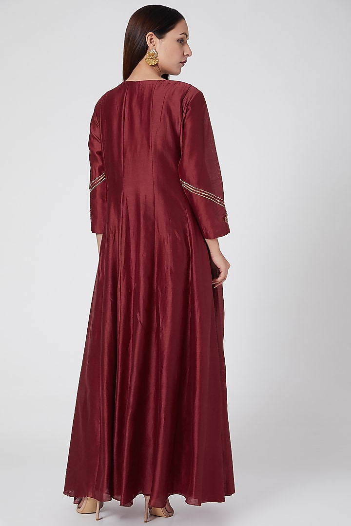 Maroon Embroidered Kalidar Kurta Set by POULI at Pernia's Pop Up Shop