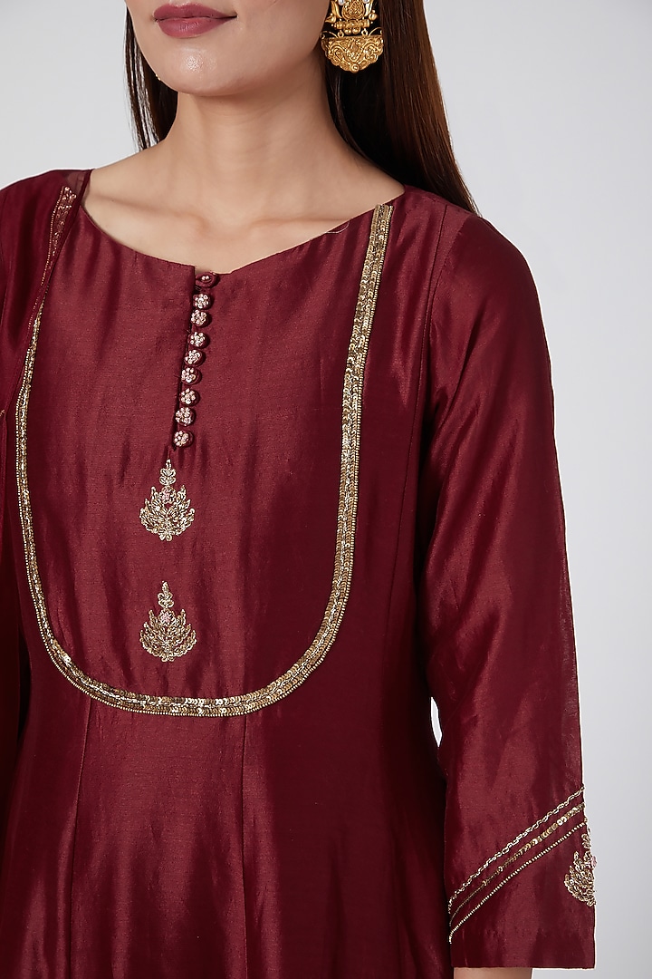 Maroon Embroidered Kalidar Kurta Set by POULI at Pernia's Pop Up Shop