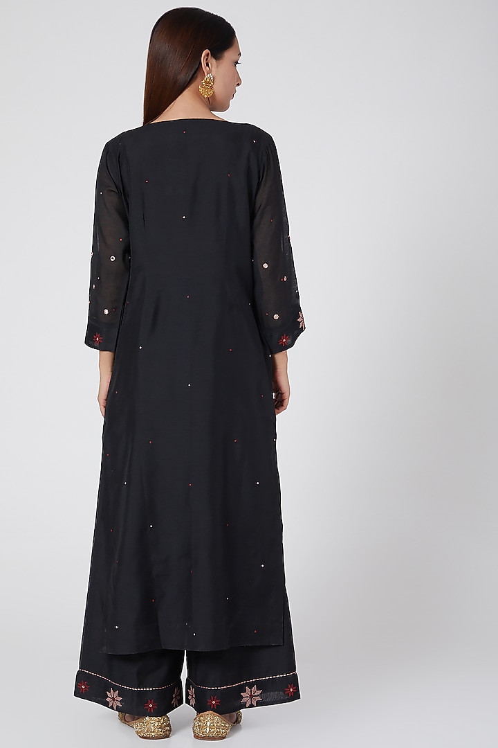 Black & Blush Pink Embroidered Kurta Set by POULI at Pernia's Pop Up Shop