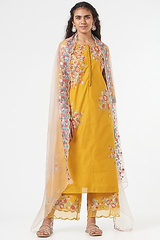 Ochre Yellow Embroidered Kurta Set by POULI
