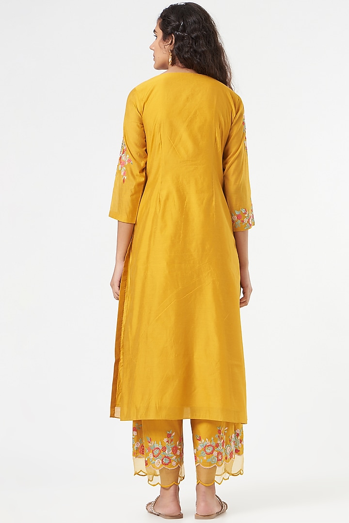 Ochre Yellow Embroidered Kurta Set by POULI at Pernia's Pop Up Shop