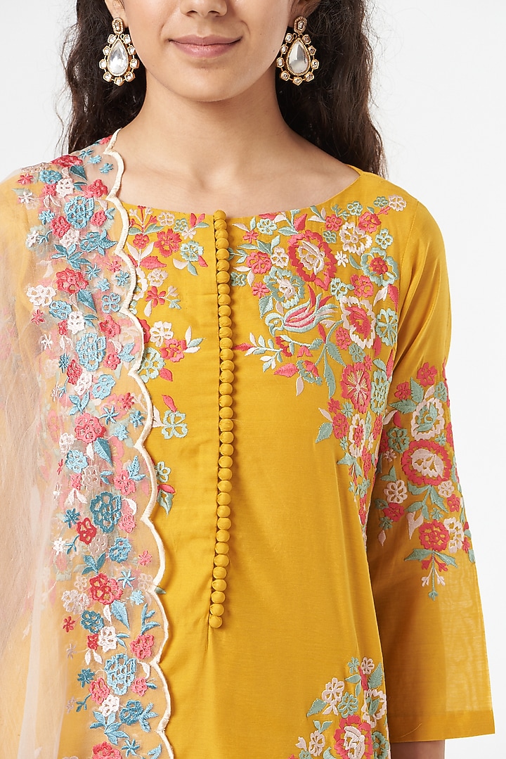Ochre Yellow Embroidered Kurta Set by POULI at Pernia's Pop Up Shop